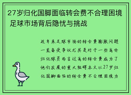 27岁归化国脚面临转会费不合理困境 足球市场背后隐忧与挑战